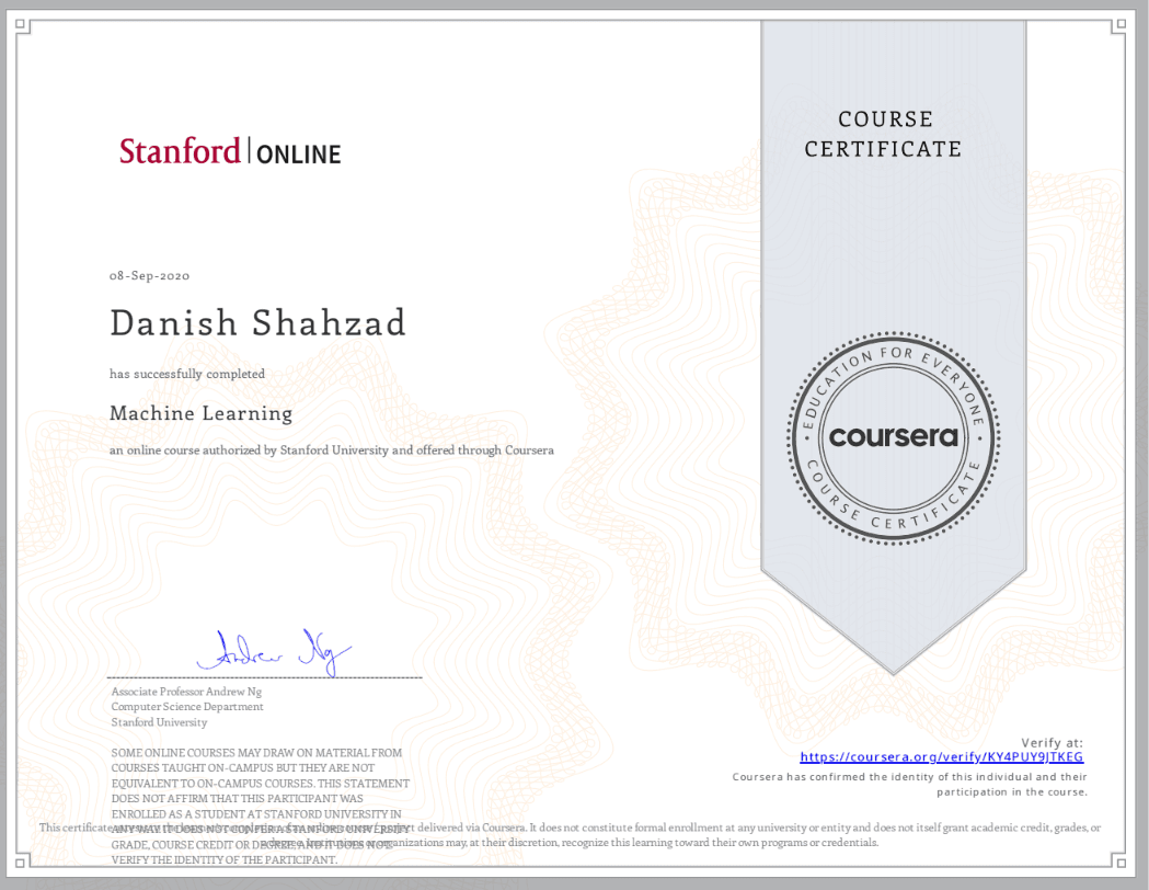 Machine Learning certificate